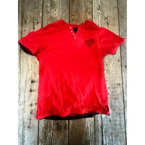 Guess Los Angeles Mens Red Henley Short Sleeve Logo T-Shirt Size Large
